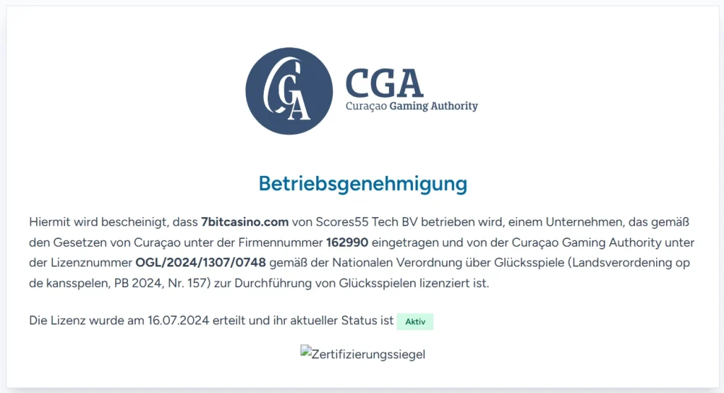 7Bit Casino Curaçao Lizenz von der CGA mit aktiver Betriebsgenehmigung