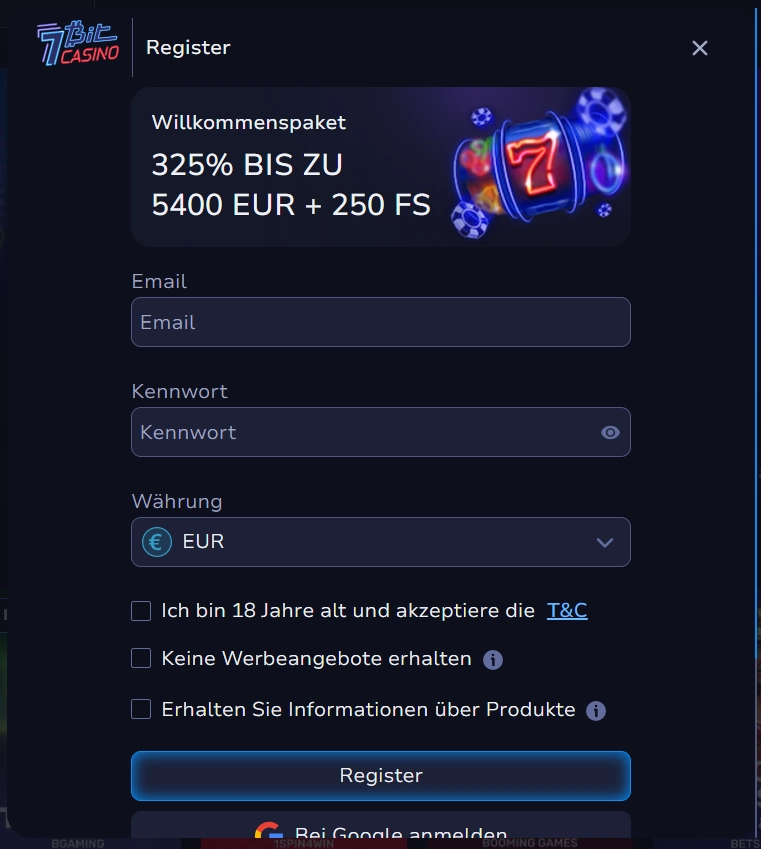 7Bit Casino Registrierung Formular mit Willkommensbonus bis 5400 Euro und Freispiele