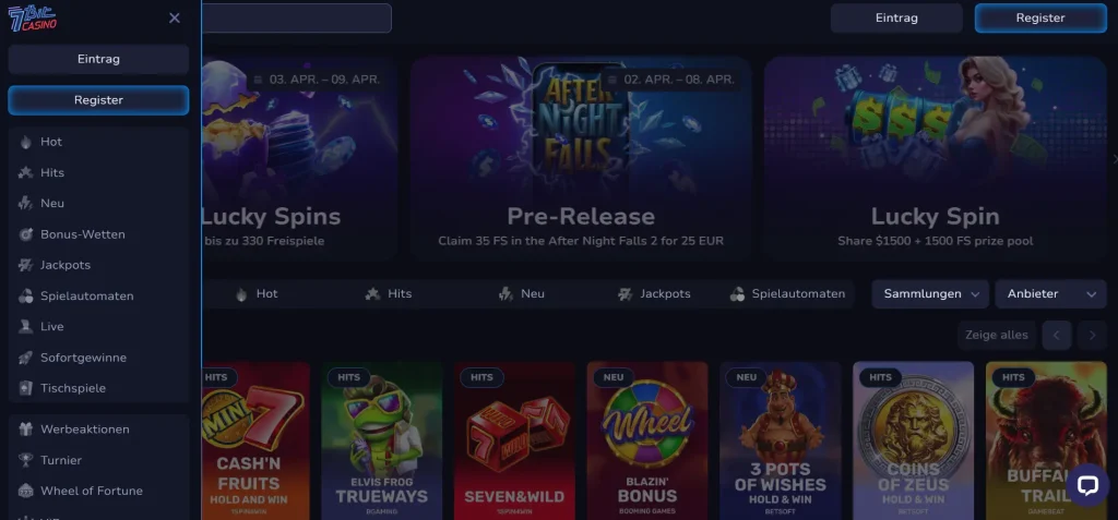7Bit Casino Startseite mit Lobby, Spiele Übersicht und Aktionen