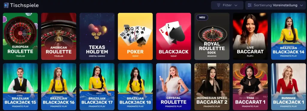 7Bit Casino Tischspiele mit Blackjack Roulette Poker und Live Baccarat Auswahl